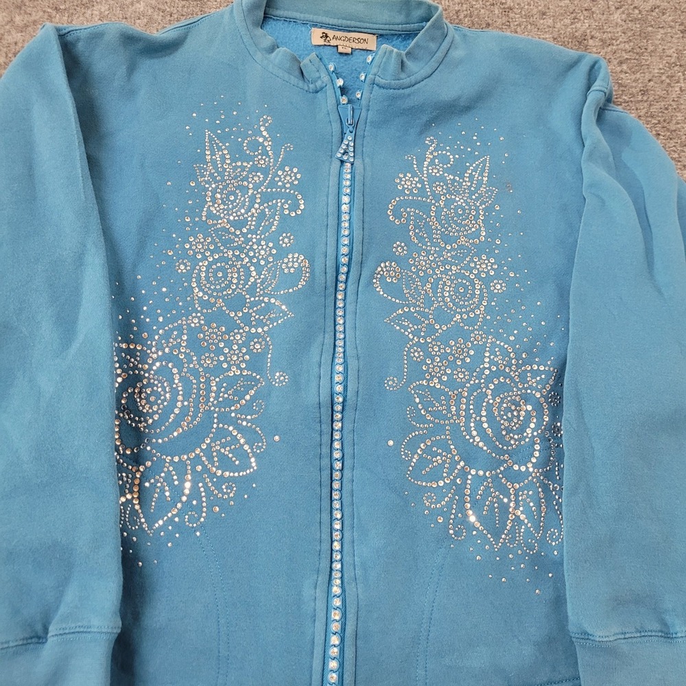 Angderson Sweatshirt Womens XL Blue Rhinestone Floral Full Zip Cotton Jacket